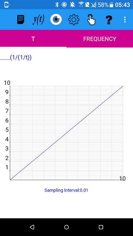 y(t)=(1/(1/t)) for 0.1<=t<10.01  plotted by plotXpose, companion app with book,  Mathematics for Electrical Engineering and Computing