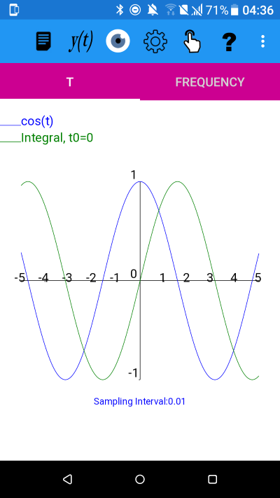 Graph of cos(t) and its integral - plotXpose app, companion to Mathematics for Electrical Engineering and Computing by Mary Attenborough, published Newnes