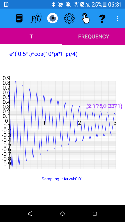 A transient solution of second order differential equation, y=(e^(-0.5*t))*cos(10*pi*t+pi/4), in the underdamped case, showing value 2 seconds after the first peak. Mathematics for Electrical Engineering and Computing plotXpose app problem