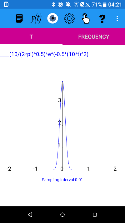 Normal distribution y(t)=(1/(sigma*(2*pi)^0.5))*e^(-0.5*((t-mu)/sigma)^2) with sigma = 0.1 and mu 0